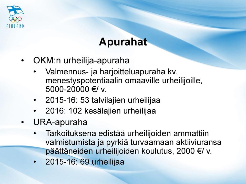 2015-16: 53 talvilajien urheilijaa 2016: 102 kesälajien urheilijaa URA-apuraha Tarkoituksena