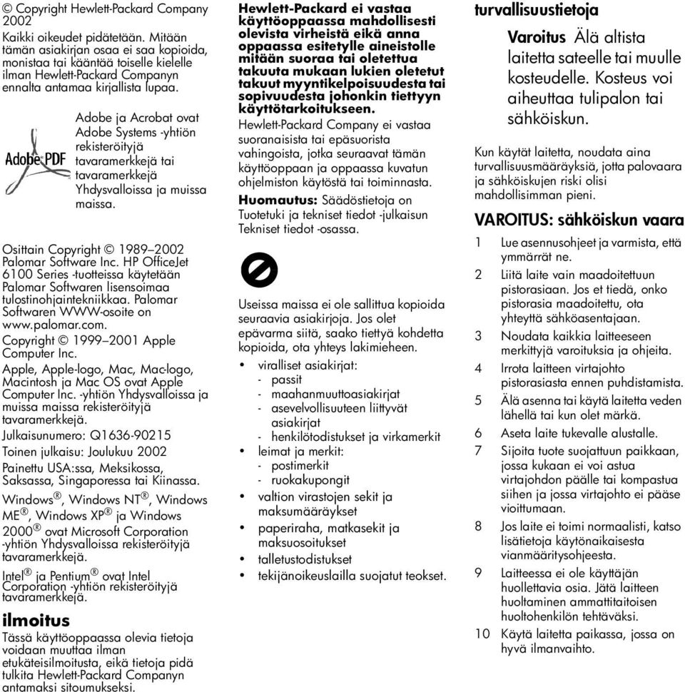 Adobe ja Acrobat ovat Adobe Systems -yhtiön rekisteröityjä tavaramerkkejä tai tavaramerkkejä Yhdysvalloissa ja muissa maissa. Osittain Copyright 1989 2002 Palomar Software Inc.