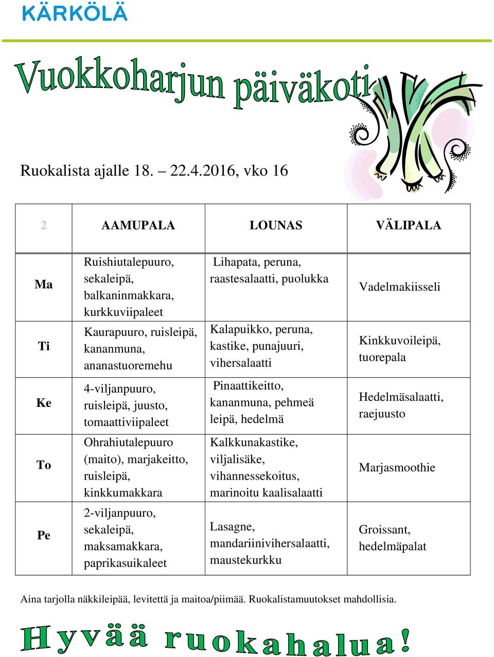 raaste, Kalapuikko, peruna, kastike, punajuuri, viher Vadelmakiisseli Kinkkuvoileipä, Ke 4-viljanpuuro,,, tomaattiviipaleet Pinaattikeitto, kananmuna, pehmeä leipä, hedelmä