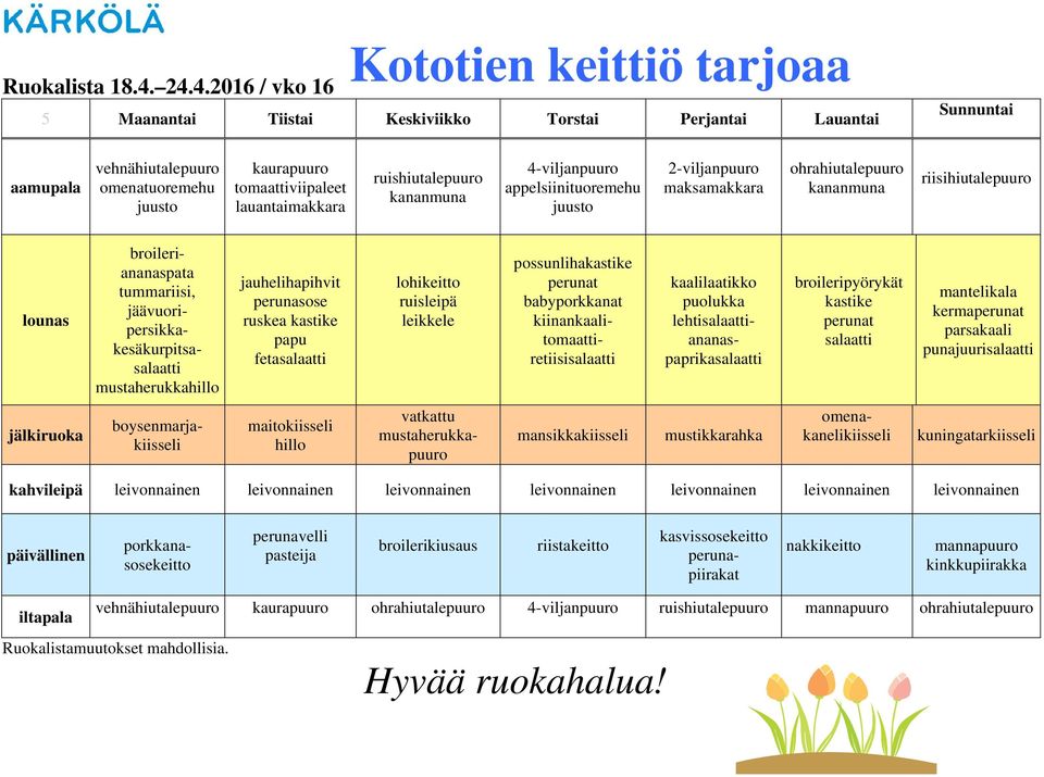 ruishiutalepuuro kananmuna 4-viljanpuuro appelsiinituoremehu 2-viljanpuuro maksamakkara ohrahiutalepuuro kananmuna riisihiutalepuuro broileriananaspata tummariisi, jäävuoripersikkakesäkurpitsa