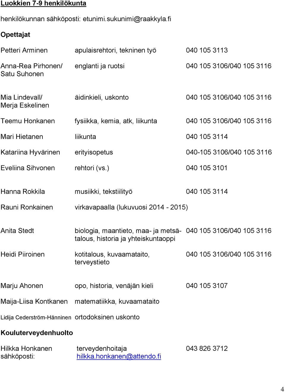105 3116 Merja Eskelinen Teemu Honkanen fysiikka, kemia, atk, liikunta 040 105 3106/040 105 3116 Mari Hietanen liikunta 040 105 3114 Katariina Hyvärinen erityisopetus 040-105 3106/040 105 3116