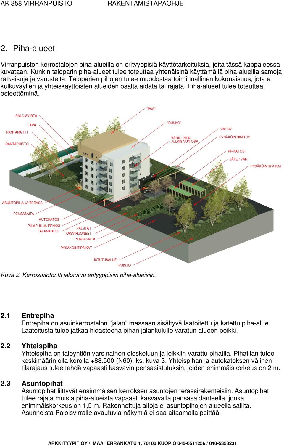 Taloparien pihojen tulee muodostaa toiminnallinen kokonaisuus, jota ei kulkuväylien ja yhteiskäyttöisten alueiden osalta aidata tai rajata. Piha-alueet tulee toteuttaa esteettöminä. Kuva 2.