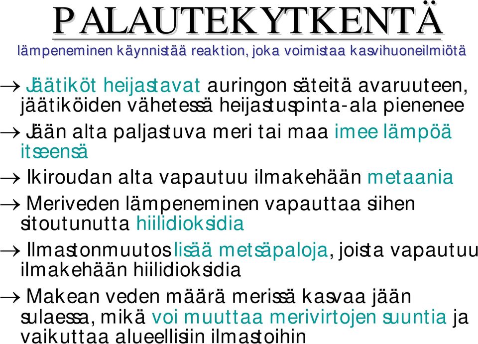 ilmakehään metaania Meriveden lämpeneminen vapauttaa siihen sitoutunutta hiilidioksidia Ilmastonmuutos lisää metsäpaloja, joista vapautuu