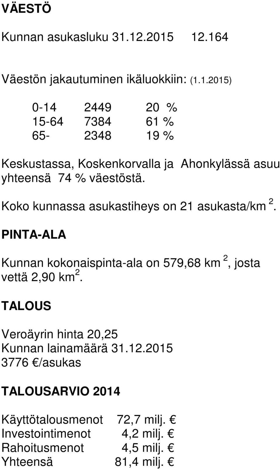 Koko kunnassa asukastiheys on 21 asukasta/km 2. PINTA-ALA Kunnan kokonaispinta-ala on 579,68 km 2, josta vettä 2,90 km 2.