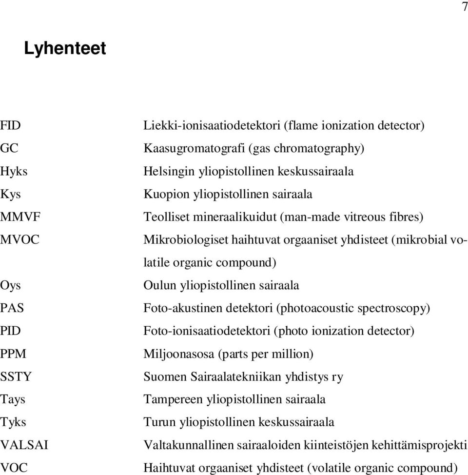 compound) Oulun yliopistollinen sairaala Foto-akustinen detektori (photoacoustic spectroscopy) Foto-ionisaatiodetektori (photo ionization detector) Miljoonasosa (parts per million) Suomen