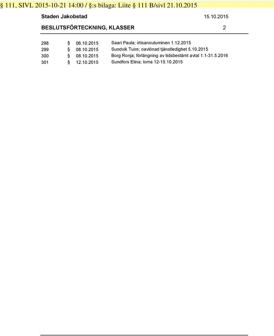 10.2015 300 08.10.2015 Borg Ronja; förlängning av tidsbestämt avtal 1.1-31.5.2016 301 12.10.2015 Sundfors Elina; loma 12-15.