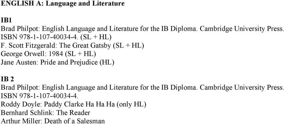 Scott Fitzgerald: The Great Gatsby (SL + HL) George Orwell: 1984 (SL + HL) Jane Austen: Pride and Prejudice (HL) IB 2 Brad