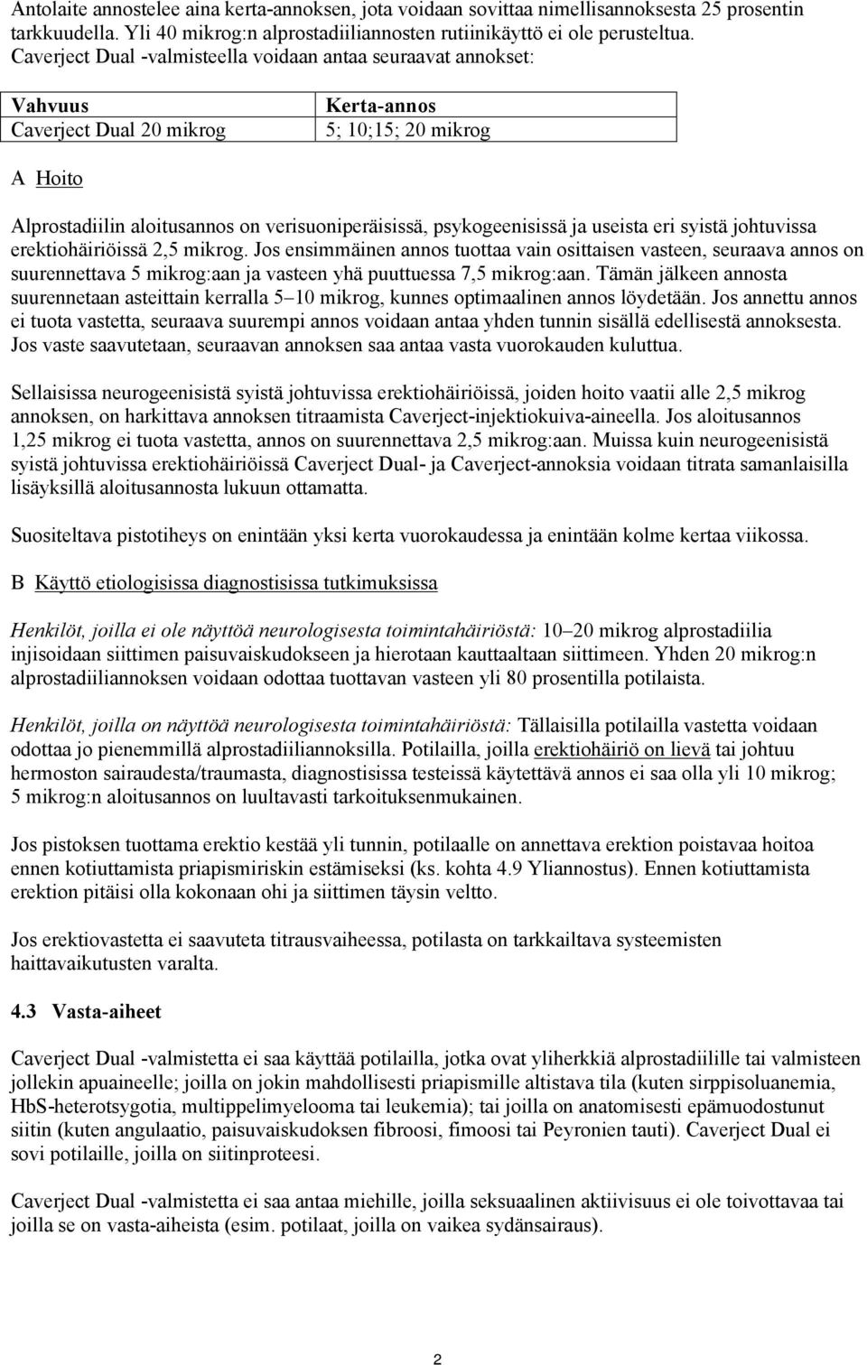 psykogeenisissä ja useista eri syistä johtuvissa erektiohäiriöissä 2,5 mikrog.