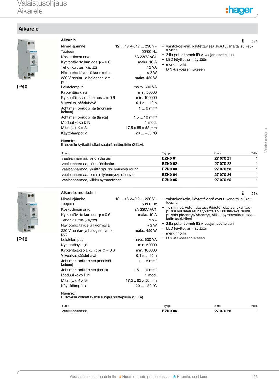 10 A 15 VA 2 W 230 V hehku- ja halo gee ni lamput maks. 450 W Loistelamput maks. 600 VA Kytkentäsyklejä min. 50000 Kytkentäjaksoja kun cos φ = 0.6 min. 100000 Viiveaika, säädettävä 0,1 s.