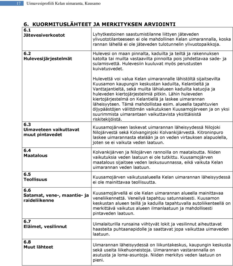 6.2 Hulevesijärjestelmät 6.3 Uimaveteen vaikuttavat muut pintavedet 6.4 Maatalous 6.5 Teollisuus 6.6 Satamat, vene-, maantie- ja raideliikenne 6.7 Eläimet, vesilinnut 6.