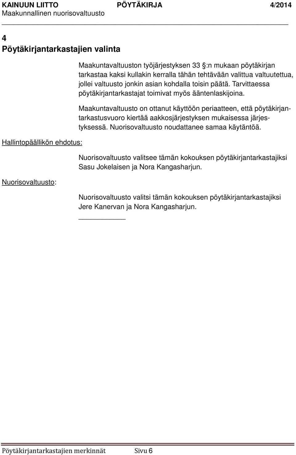 Maakuntavaltuusto on ottanut käyttöön periaatteen, että pöytäkirjantarkastusvuoro kiertää aakkosjärjestyksen mukaisessa järjestyksessä.