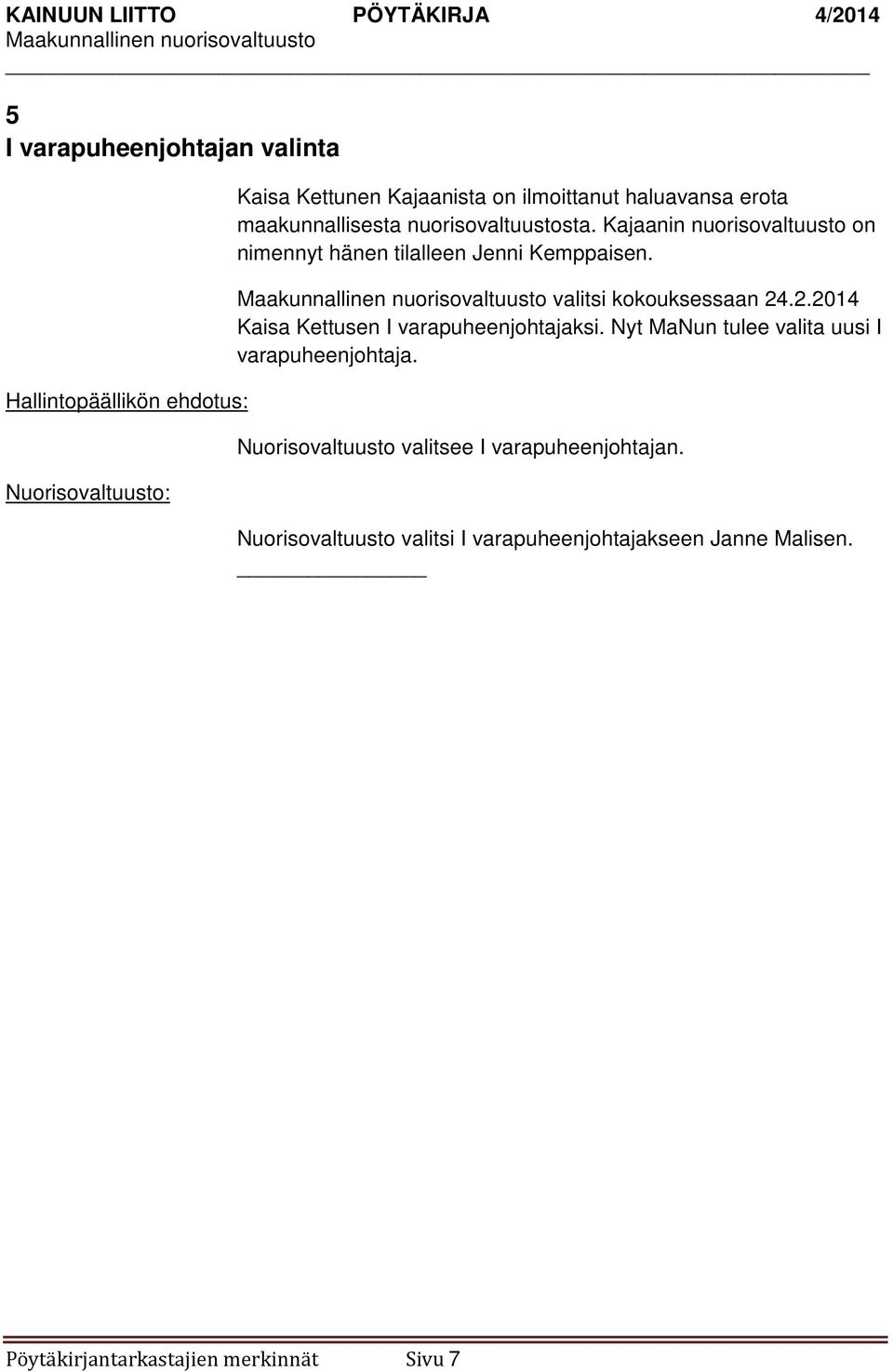 2.2014 Kaisa Kettusen I varapuheenjohtajaksi. Nyt MaNun tulee valita uusi I varapuheenjohtaja.