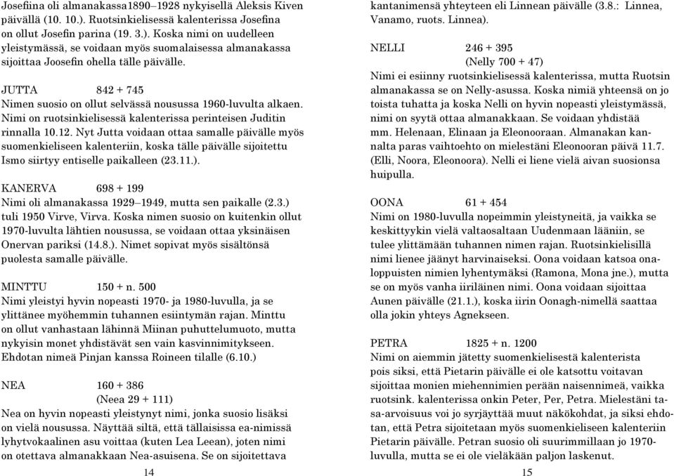 Jutta 842 + 745 Nimen suosio on ollut selvässä nousussa 1960-luvulta alkaen. Nimi on ruotsinkielisessä kalenterissa perinteisen Juditin rinnalla 10.12.