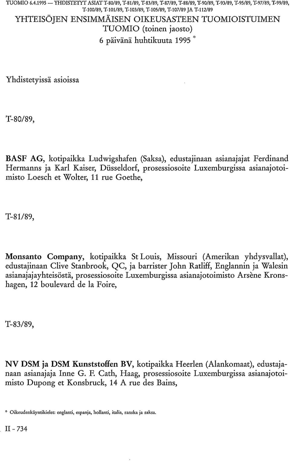 OIKEUSASTEEN TUOMIOISTUIMEN TUOMIO (toinen jaosto) 6 päivänä huhtikuuta 1995 * Yhdistetyissä asioissa T-80/89, BASF AG, kotipaikka Ludwigshafen (Saksa), edustajinaan asianajajat Ferdinand Hermanns ja