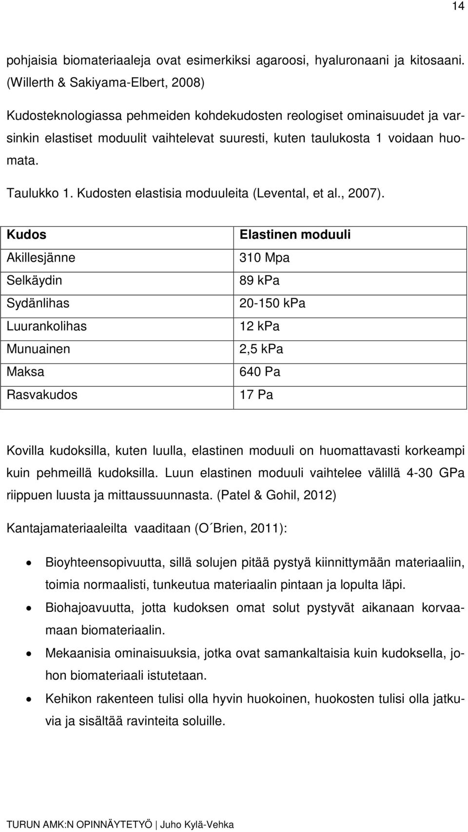 Taulukko 1. Kudosten elastisia moduuleita (Levental, et al., 2007).