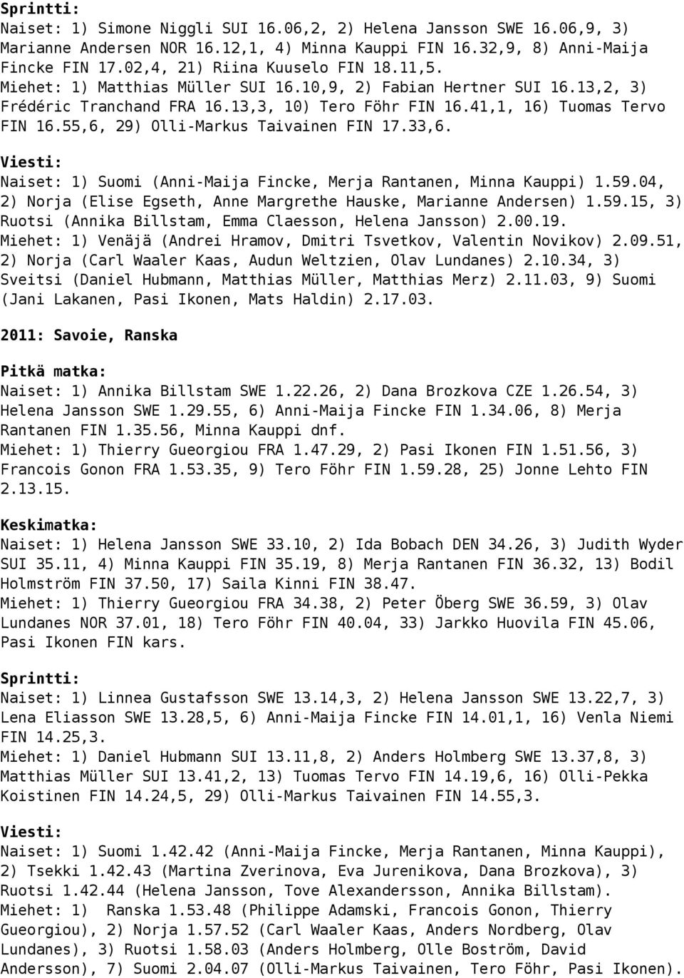 33,6. Naiset: 1) Suomi (Anni-Maija Fincke, Merja Rantanen, Minna Kauppi) 1.59.04, 2) Norja (Elise Egseth, Anne Margrethe Hauske, Marianne Andersen) 1.59.15, 3) Ruotsi (Annika Billstam, Emma Claesson, Helena Jansson) 2.