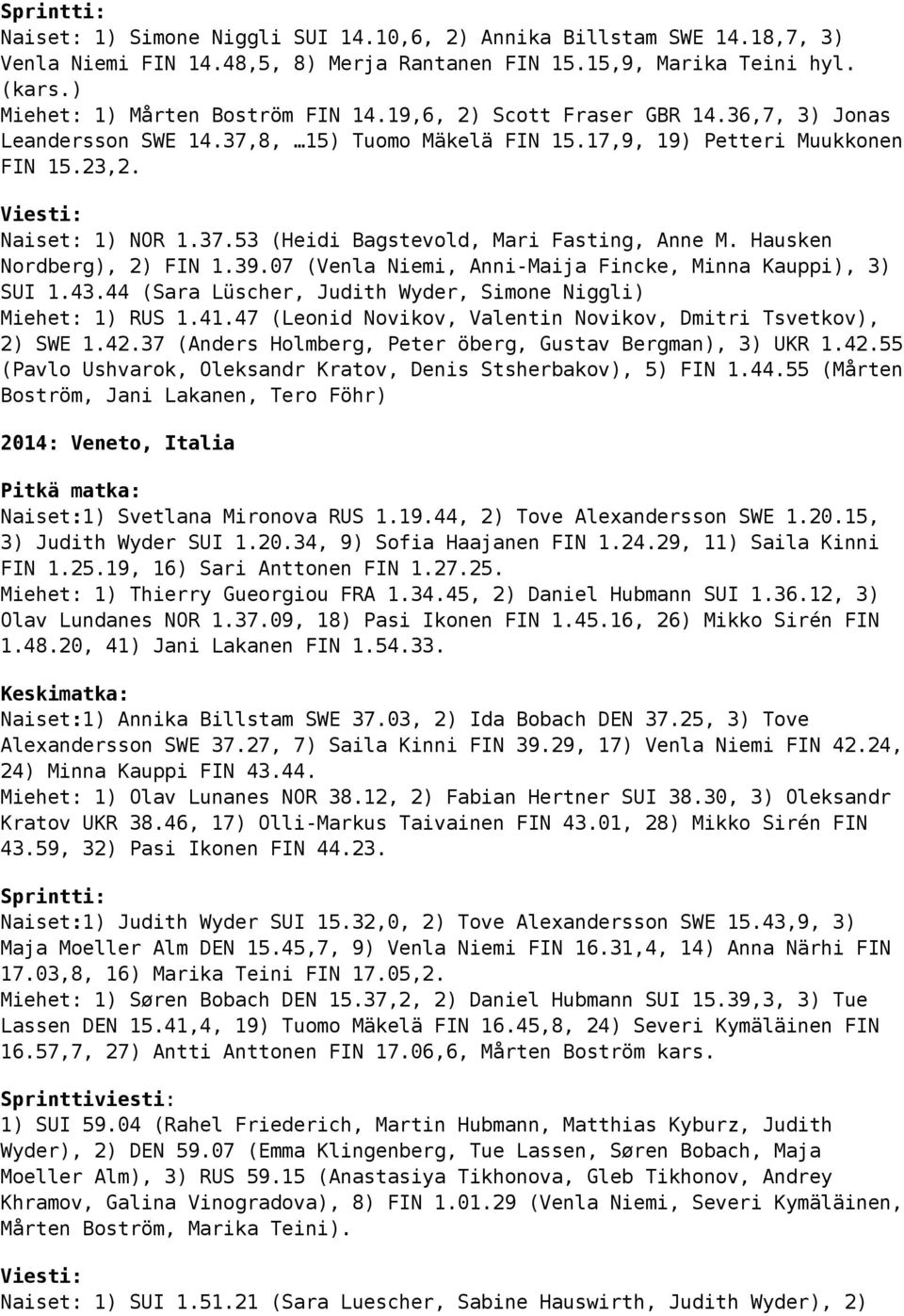 Hausken Nordberg), 2) FIN 1.39.07 (Venla Niemi, Anni-Maija Fincke, Minna Kauppi), 3) SUI 1.43.44 (Sara Lüscher, Judith Wyder, Simone Niggli) Miehet: 1) RUS 1.41.