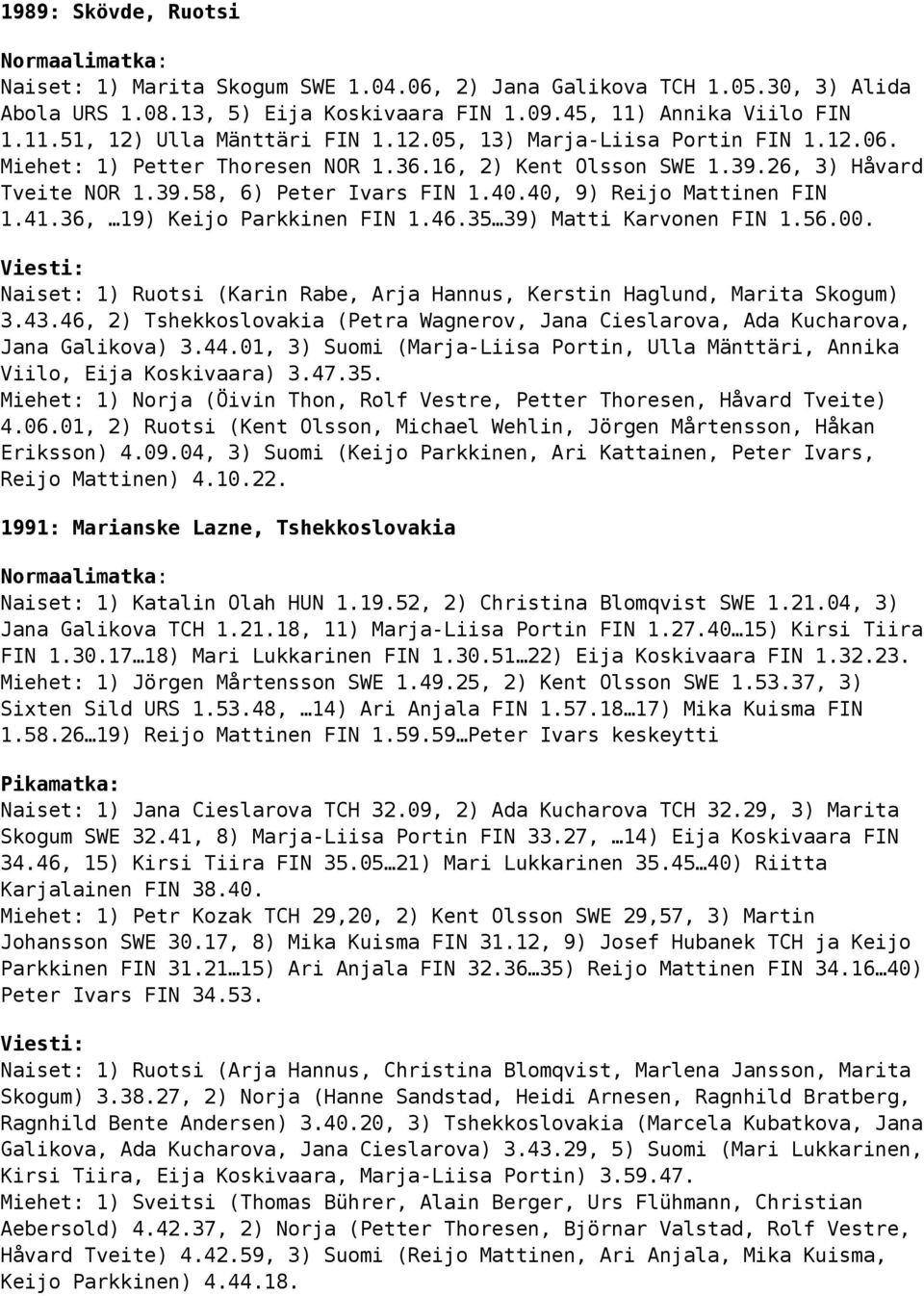 36, 19) Keijo Parkkinen FIN 1.46.35 39) Matti Karvonen FIN 1.56.00. Naiset: 1) Ruotsi (Karin Rabe, Arja Hannus, Kerstin Haglund, Marita Skogum) 3.43.