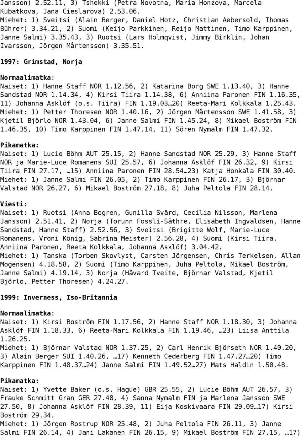 1997: Grimstad, Norja Naiset: 1) Hanne Staff NOR 1.12.56, 2) Katarina Borg SWE 1.13.40, 3) Hanne Sandstad NOR 1.14.34, 4) Kirsi Tiira 1.14.38, 6) Anniina Paronen FIN 1.16.35, 11) Johanna Asklöf (o.s. Tiira) FIN 1.