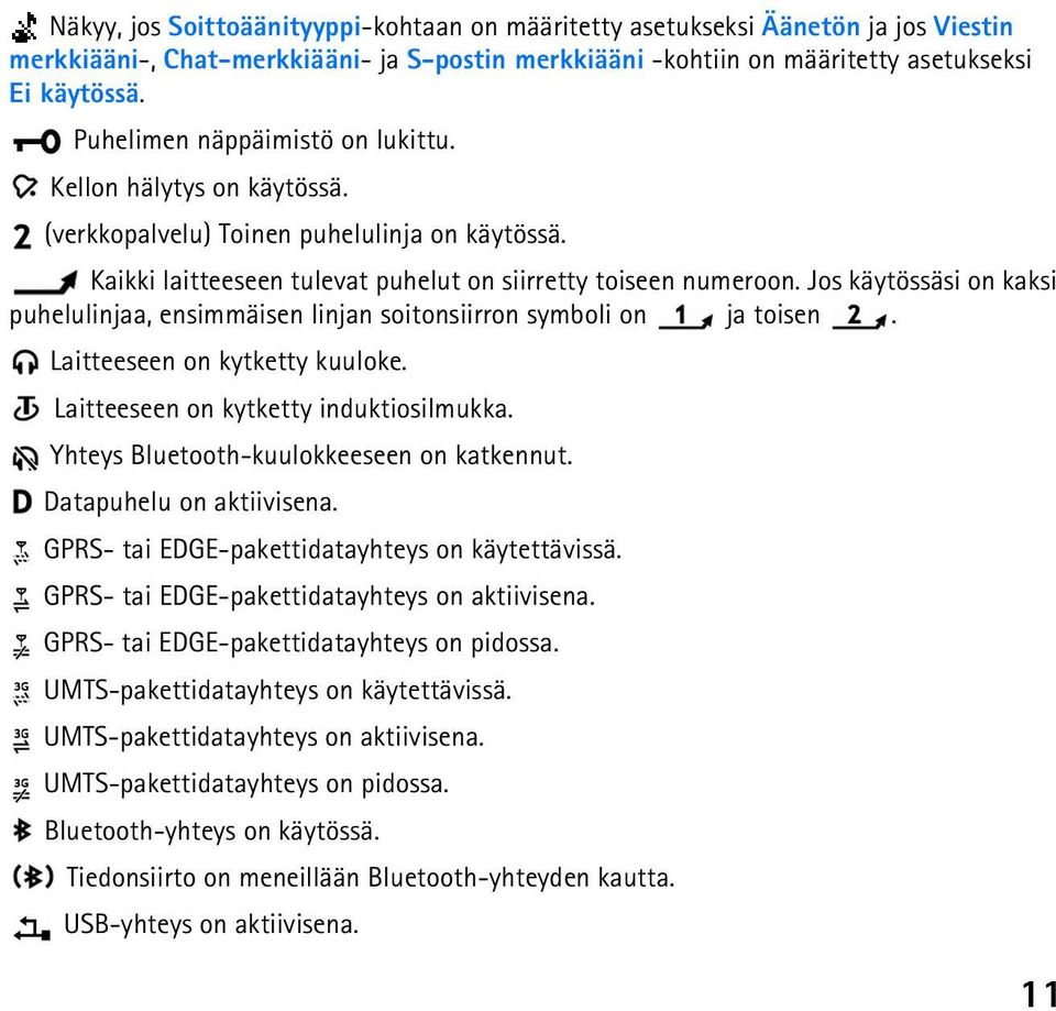 Jos käytössäsi on kaksi puhelulinjaa, ensimmäisen linjan soitonsiirron symboli on ja toisen. Laitteeseen on kytketty kuuloke. Laitteeseen on kytketty induktiosilmukka.