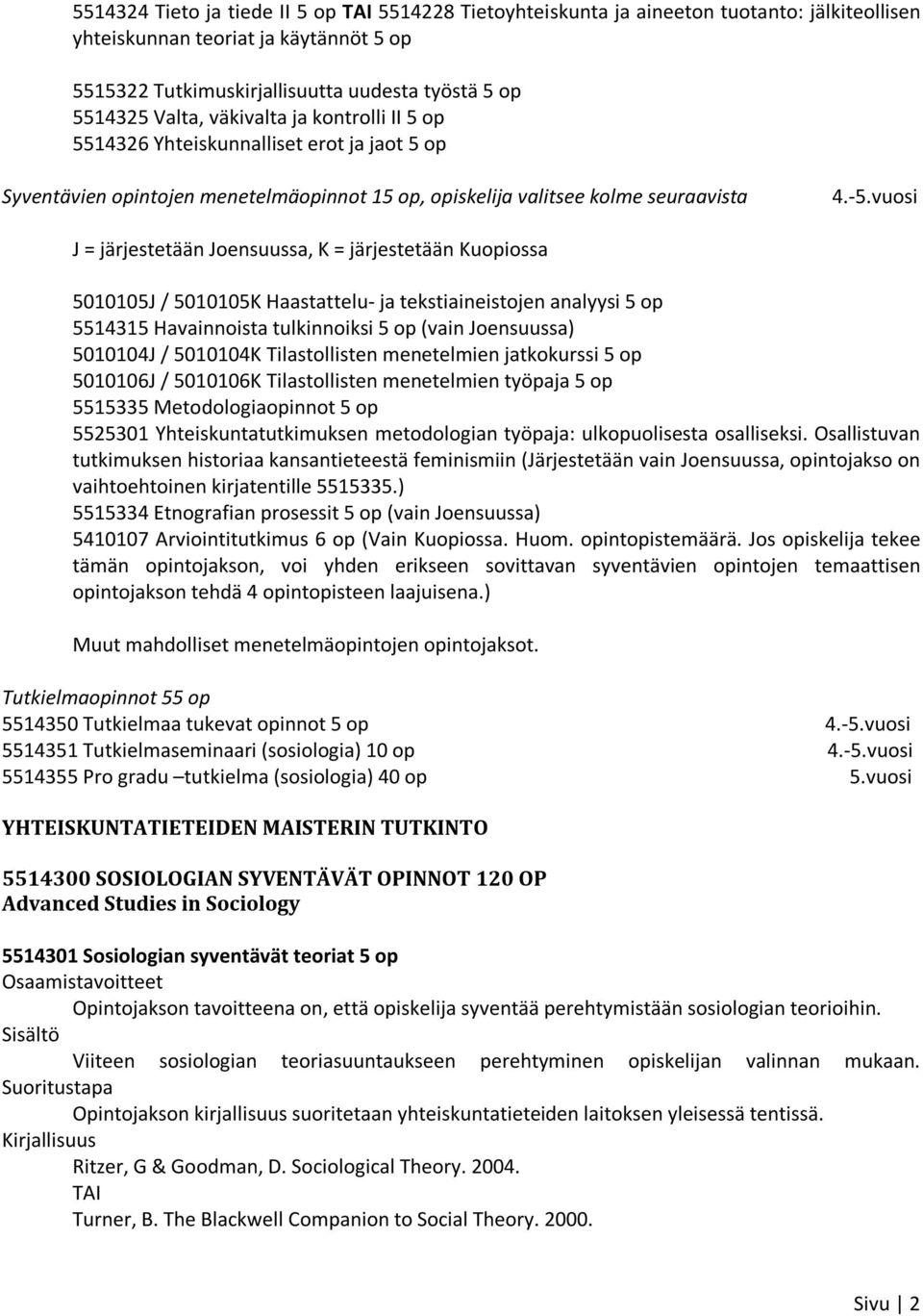 vuosi J = järjestetään Joensuussa, K = järjestetään Kuopiossa 5010105J / 5010105K Haastattelu- ja tekstiaineistojen analyysi 5 op 5514315 Havainnoista tulkinnoiksi 5 op (vain Joensuussa) 5010104J /