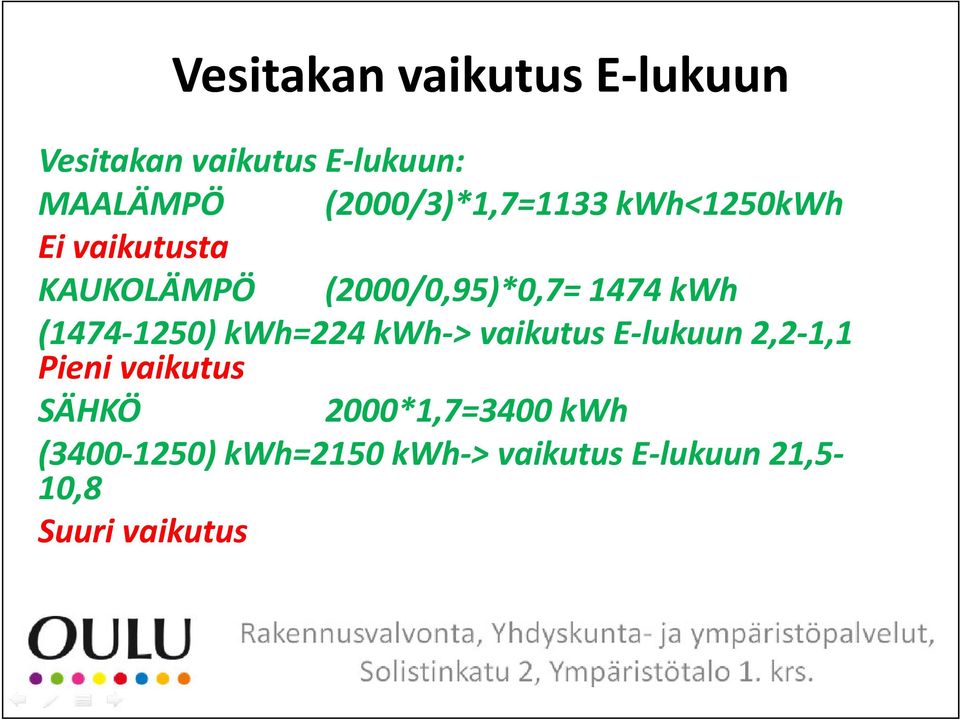 kwh (1474 1250) kwh=224 kwh > vaikutus E lukuun 2,2 1,1 Pieni i vaikutus