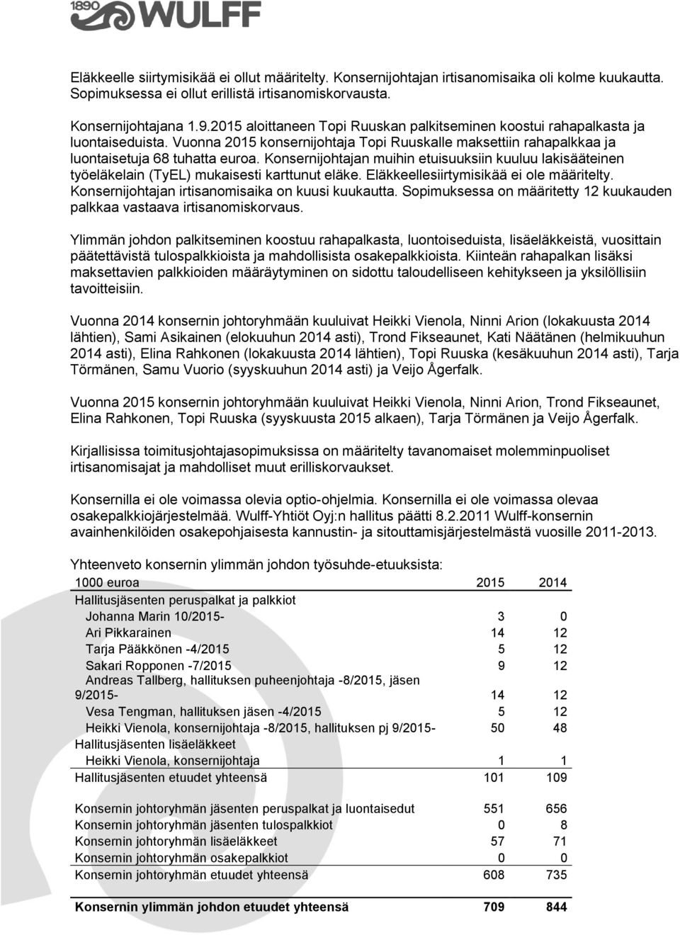 Konsernijohtajan muihin etuisuuksiin kuuluu lakisääteinen työeläkelain (TyEL) mukaisesti karttunut eläke. Eläkkeellesiirtymisikää ei ole määritelty.