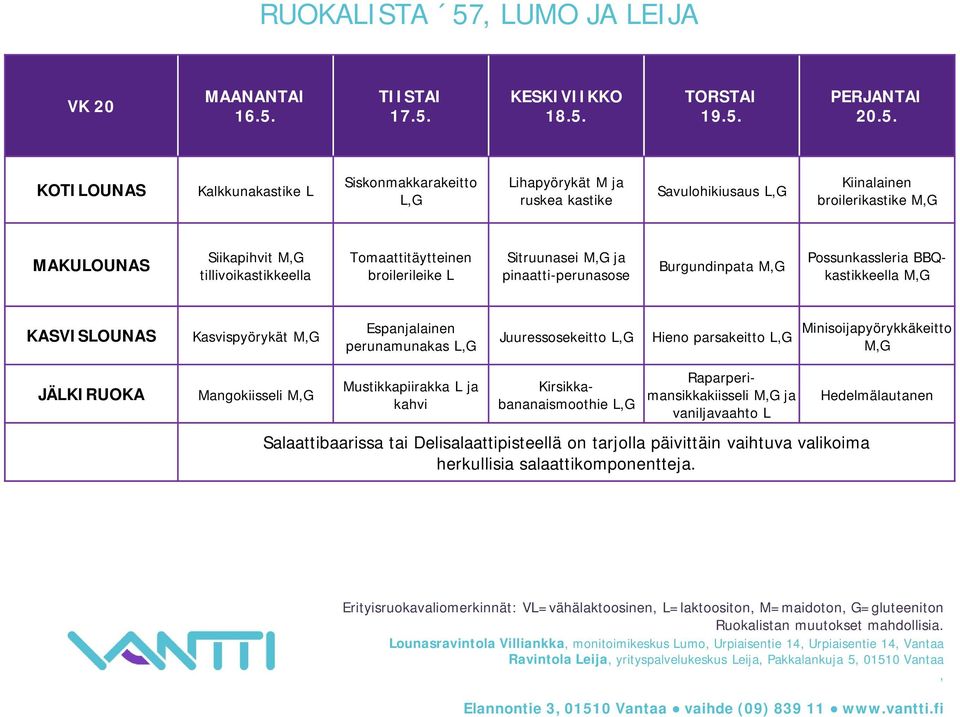 17.5. 18.5. 19.5. 20.5. Kalkkunakastike L Siskonmakkarakeitto Lihapyörykät M ja ruskea kastike Savulohikiusaus Kiinalainen broilerikastike Siikapihvit