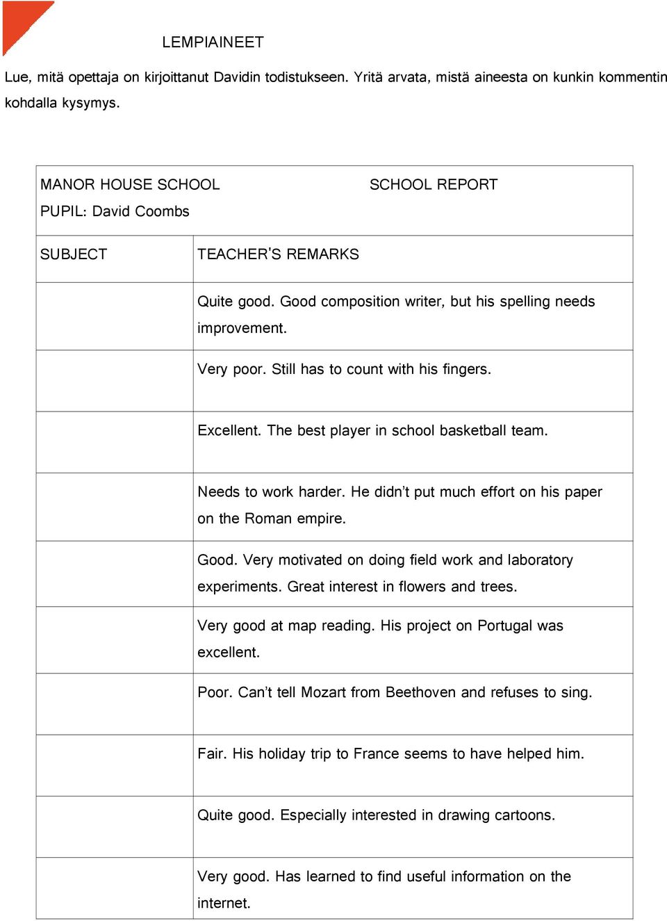 He didn t put much effort on his paper on the Roman empire Good Very motivated on doing field work and laboratory experiments Great interest in flowers and trees Very good at map reading His project