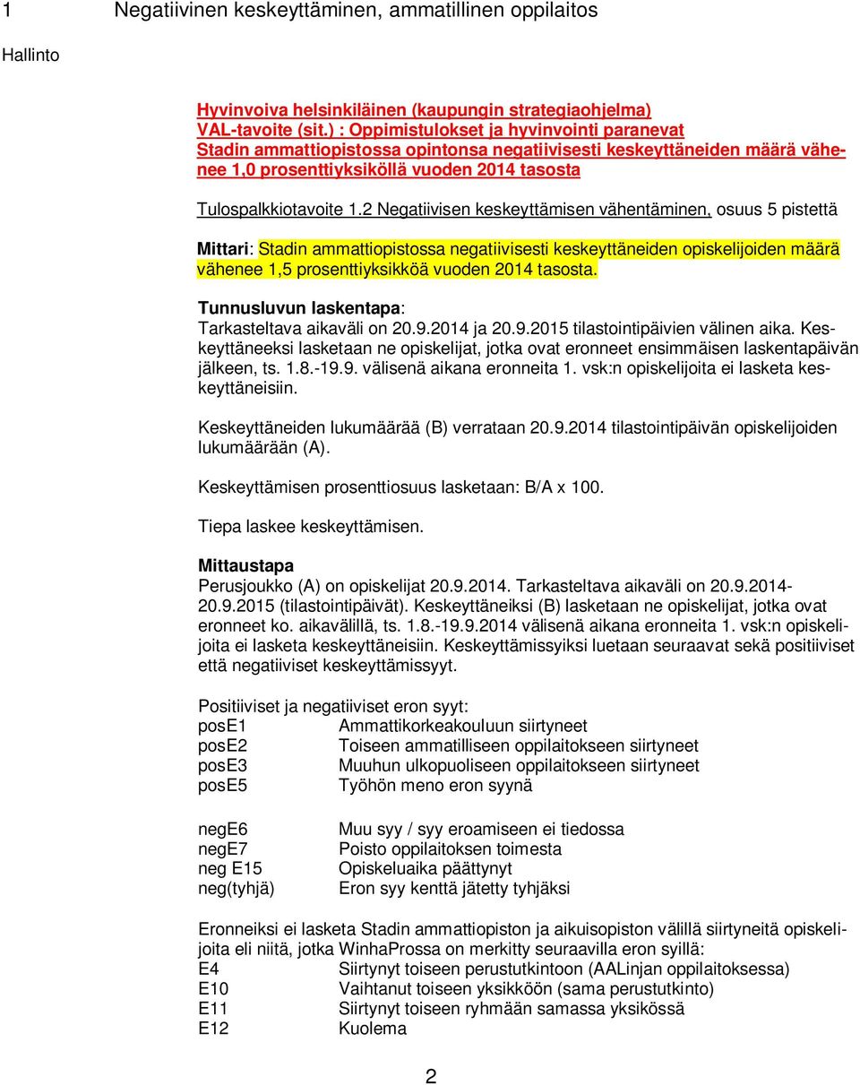 2 Negatiivisen keskeyttämisen vähentäminen, osuus 5 pistettä Mittari: Stadin ammattiopistossa negatiivisesti keskeyttäneiden opiskelijoiden määrä vähenee 1,5 prosenttiyksikköä vuoden 2014 tasosta.