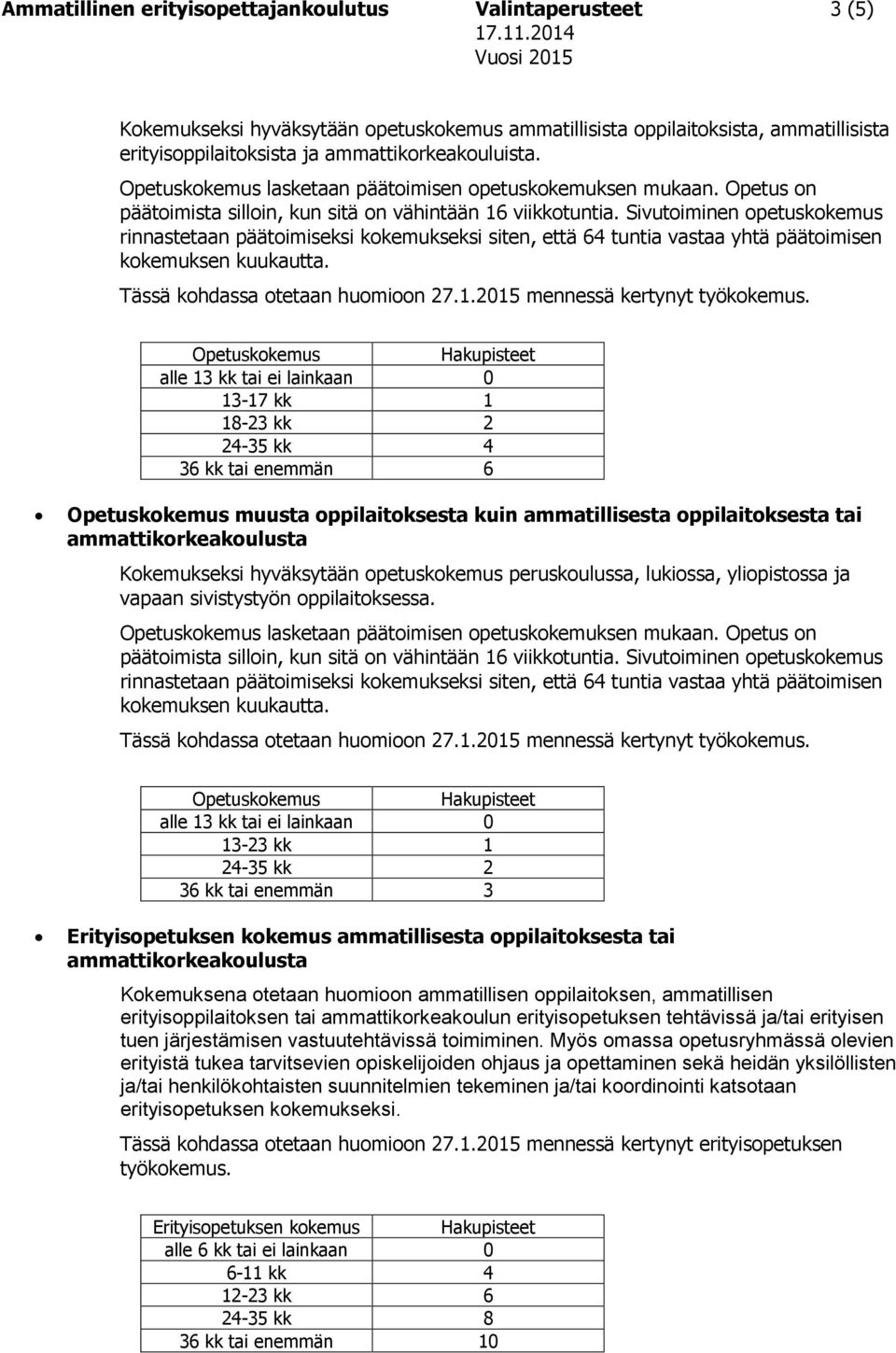 Sivutoiminen opetuskokemus rinnastetaan päätoimiseksi kokemukseksi siten, että 64 tuntia vastaa yhtä päätoimisen kokemuksen kuukautta.