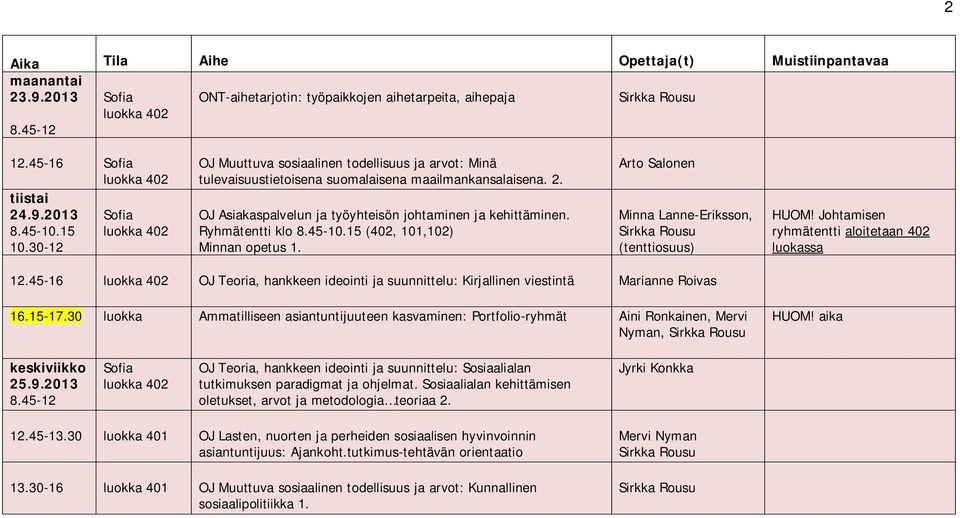 Arto Salonen Minna Lanne-Eriksson, (tenttiosuus) HUOM! Johtamisen ryhmätentti aloitetaan 402 luokassa 12.45-16 OJ Teoria, hankkeen ideointi ja suunnittelu: Kirjallinen viestintä Marianne Roivas 16.