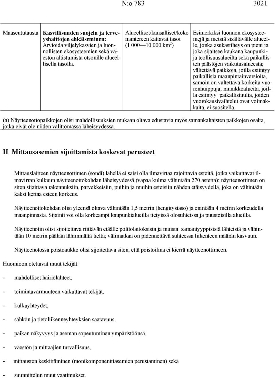 kaupunkija teollisuusalueilta sekä paikallisten päästöjen vaikutusalueesta; vältettävä paikkoja, joilla esiintyy paikallisia maanpintainversioita, samoin on vältettävä korkeita vuorenhuippuja;