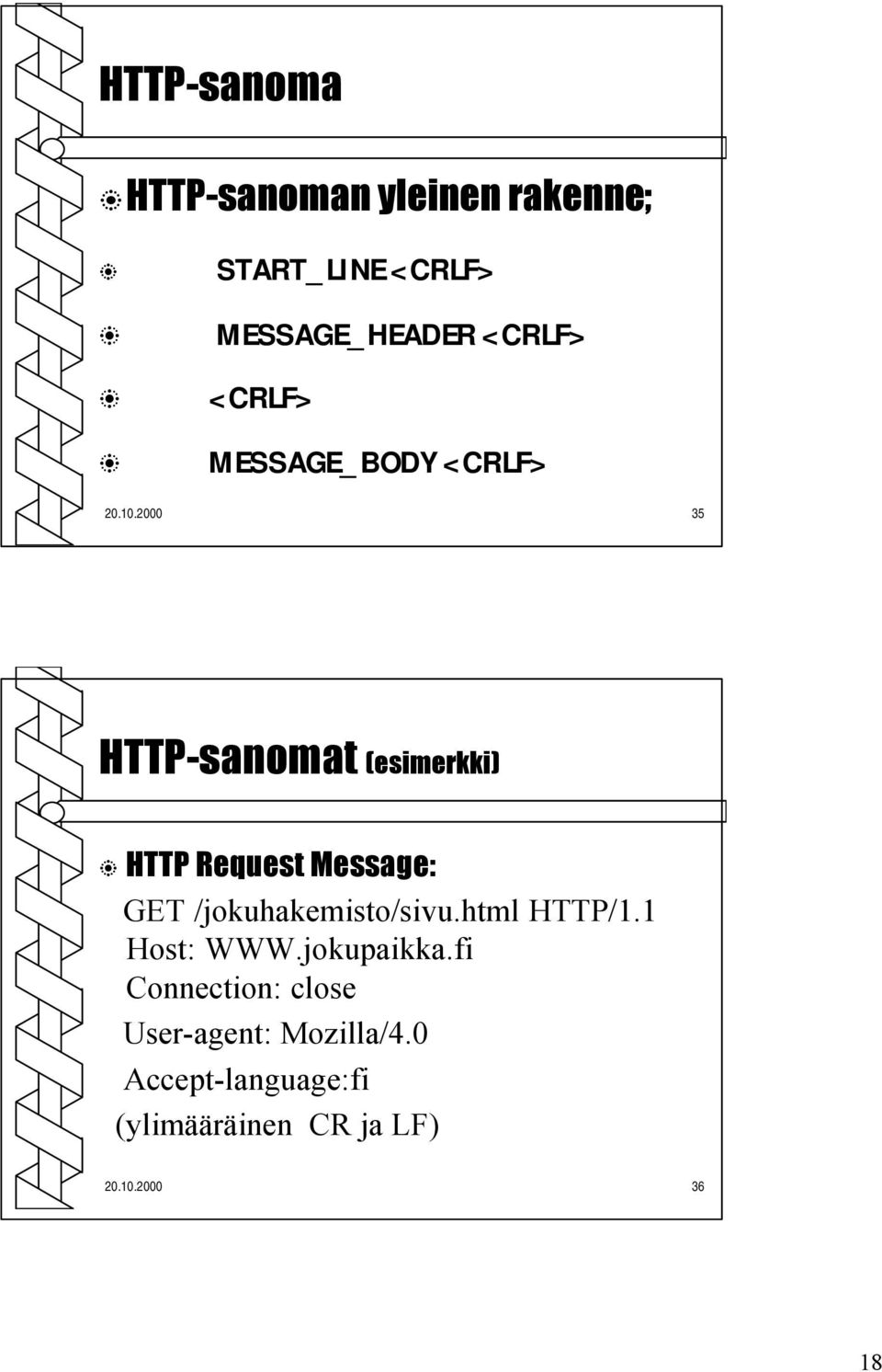 2000 35 HTTP-sanomat (esimerkki) HTTP Request Message: GET /jokuhakemisto/sivu.