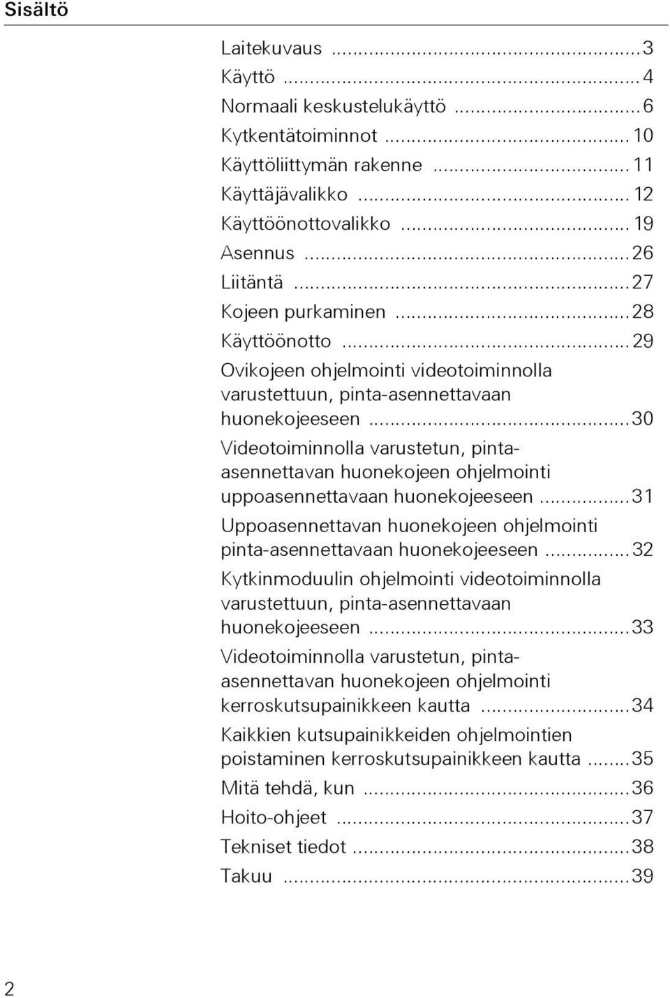 ..30 Videotoiminnolla varustetun, pintaasennettavan huonekojeen ohjelmointi uppoasennettavaan huonekojeeseen...31 Uppoasennettavan huonekojeen ohjelmointi pinta-asennettavaan huonekojeeseen.