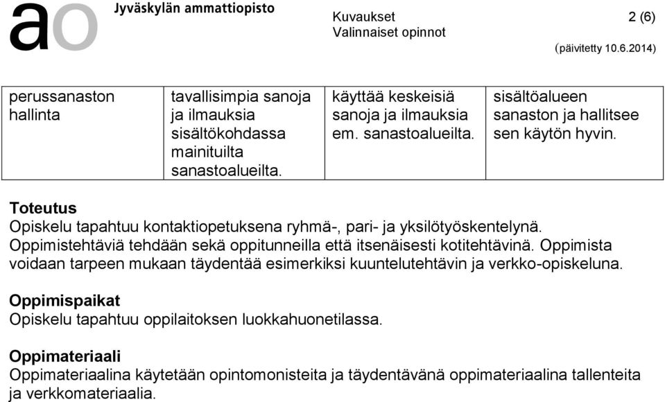 Oppimistehtäviä tehdään sekä oppitunneilla että itsenäisesti kotitehtävinä.