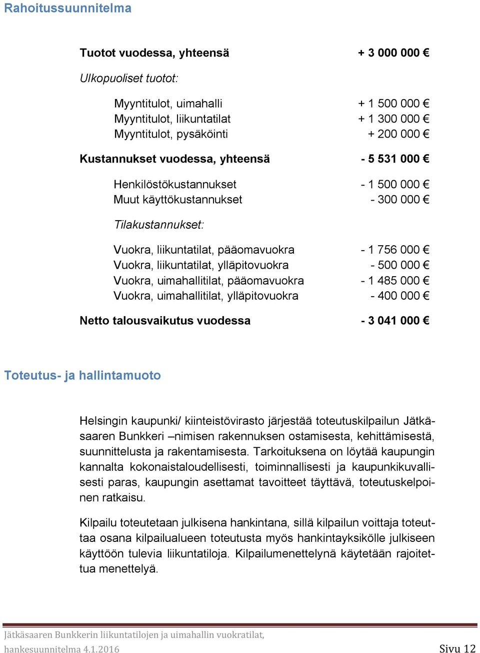 uimahallitilat, pääomavuokra Vuokra, uimahallitilat, ylläpitovuokra Netto talousvaikutus vuodessa - 1 756 000-500 000-1 485 000-400 000-3 041 000 Toteutus- ja hallintamuoto Helsingin kaupunki/