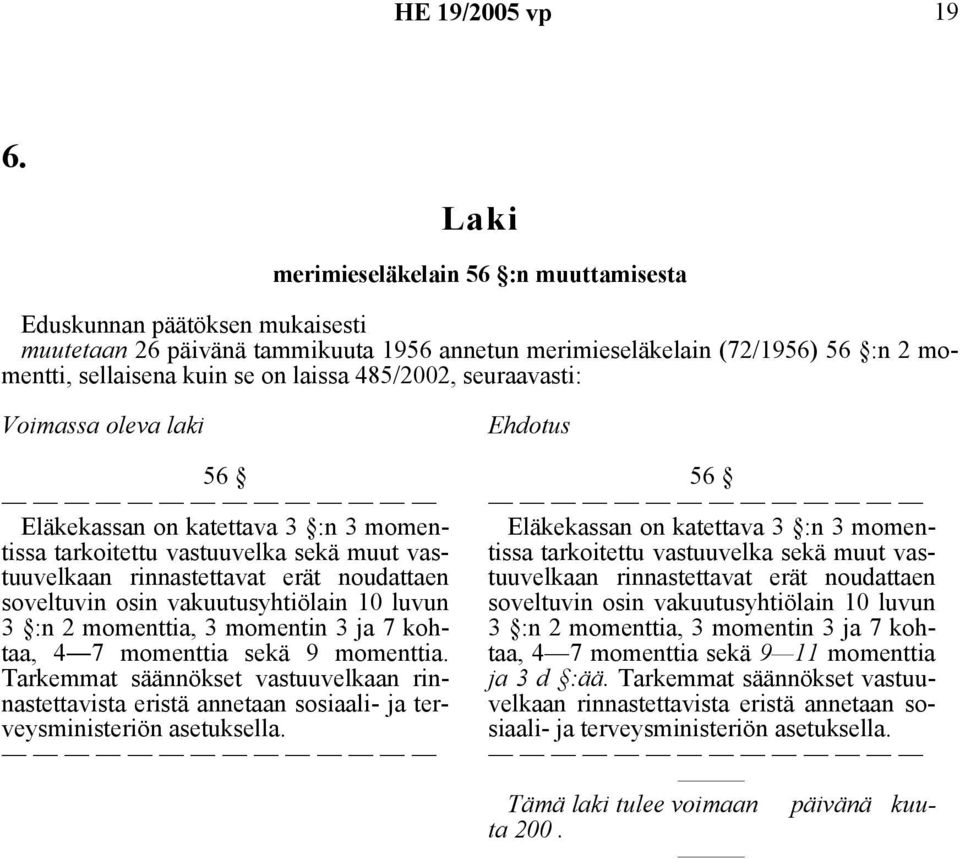 485/2002, seuraavasti: Voimassa oleva laki 56 Eläkekassan on katettava 3 :n 3 momentissa tarkoitettu vastuuvelka sekä muut vastuuvelkaan rinnastettavat erät noudattaen soveltuvin osin