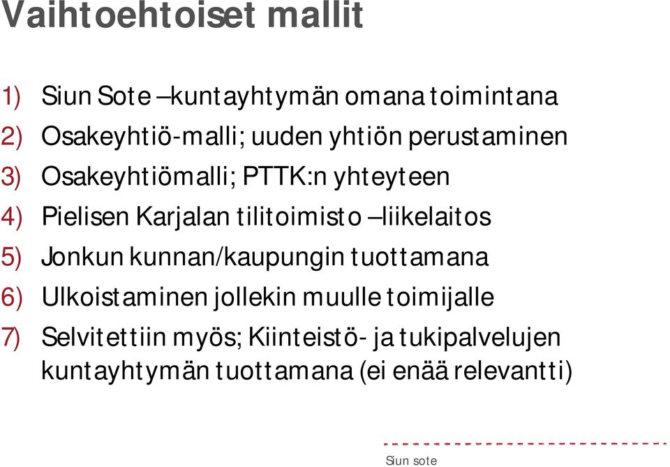 liikelaitos 5) Jonkun kunnan/kaupungin tuottamana 6) Ulkoistaminen jollekin muulle toimijalle