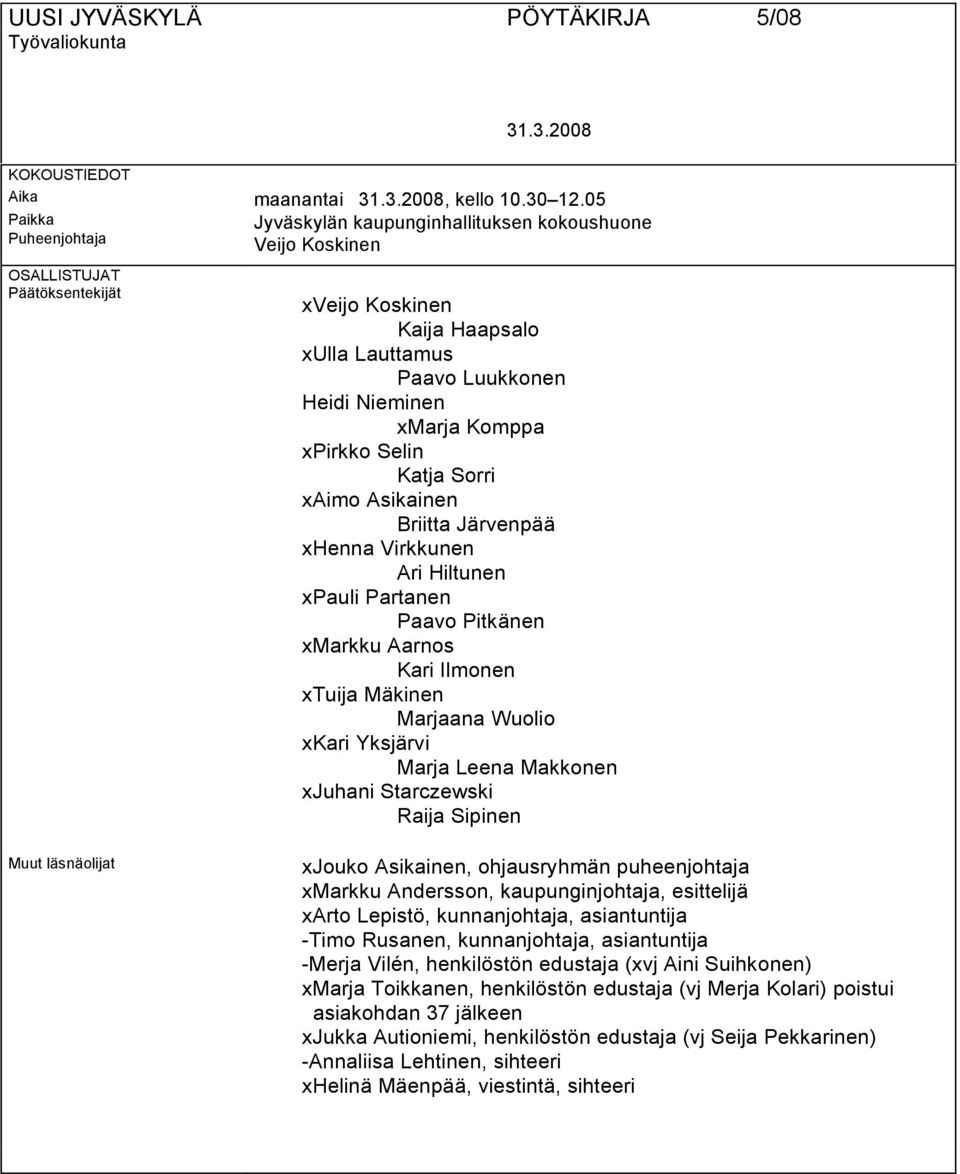 Briitta Järvenpää xhenna Virkkunen Ari Hiltunen xpauli Partanen Paavo Pitkänen xmarkku Aarnos Kari Ilmonen xtuija Mäkinen Marjaana Wuolio xkari Yksjärvi Marja Leena Makkonen xjuhani Starczewski Raija