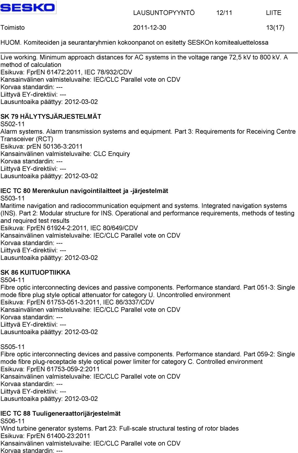 Part 3: Requirements for Receiving Centre Transceiver (RCT) Esikuva: pren 50136-3:2011 IEC TC 80 Merenkulun navigointilaitteet ja -järjestelmät S503-11 Maritime navigation and radiocommunication