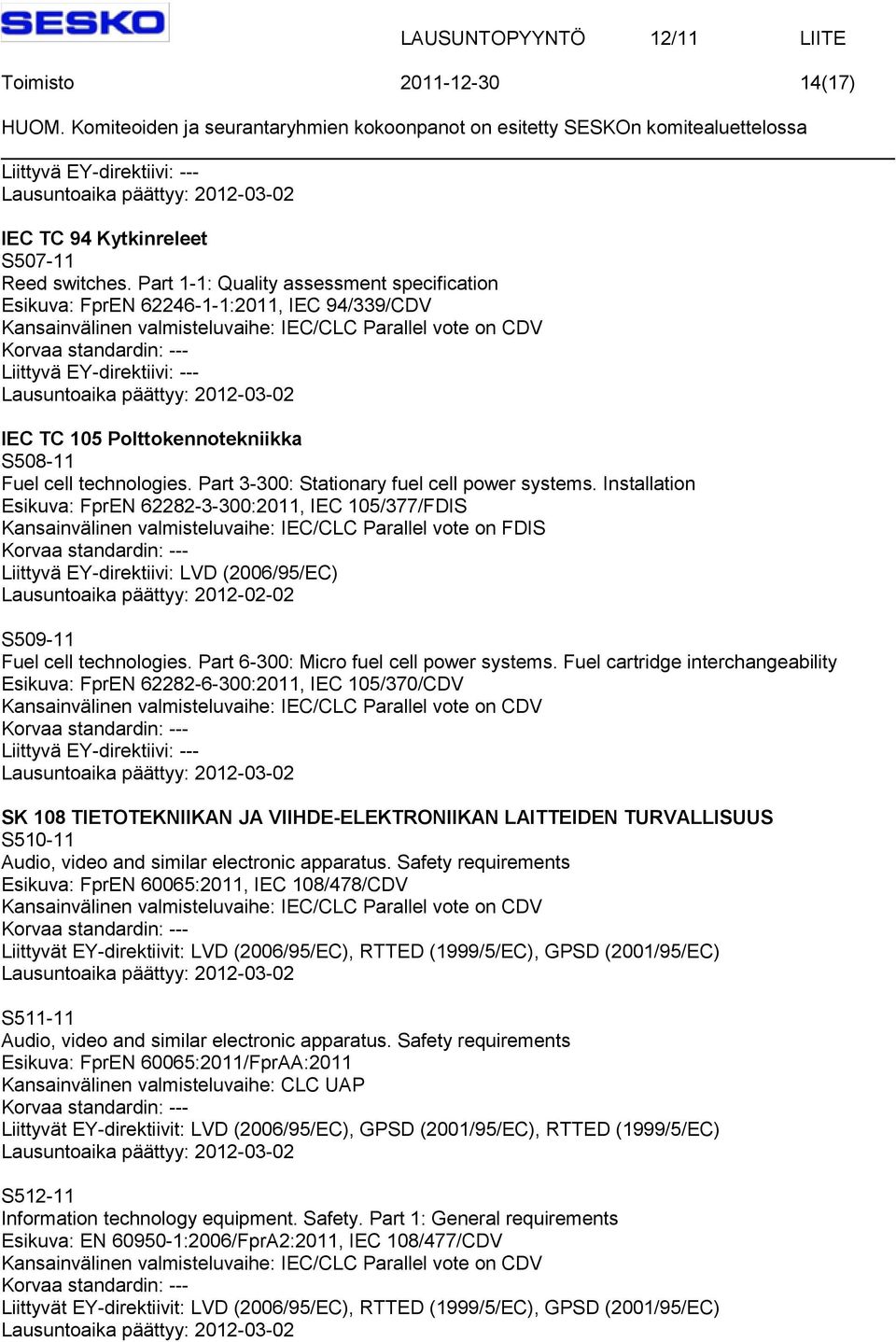 Installation Esikuva: FprEN 62282-3-300:2011, IEC 105/377/FDIS Kansainvälinen valmisteluvaihe: IEC/CLC Parallel vote on FDIS Lausuntoaika päättyy: 2012-02-02 S509-11 Fuel cell technologies.