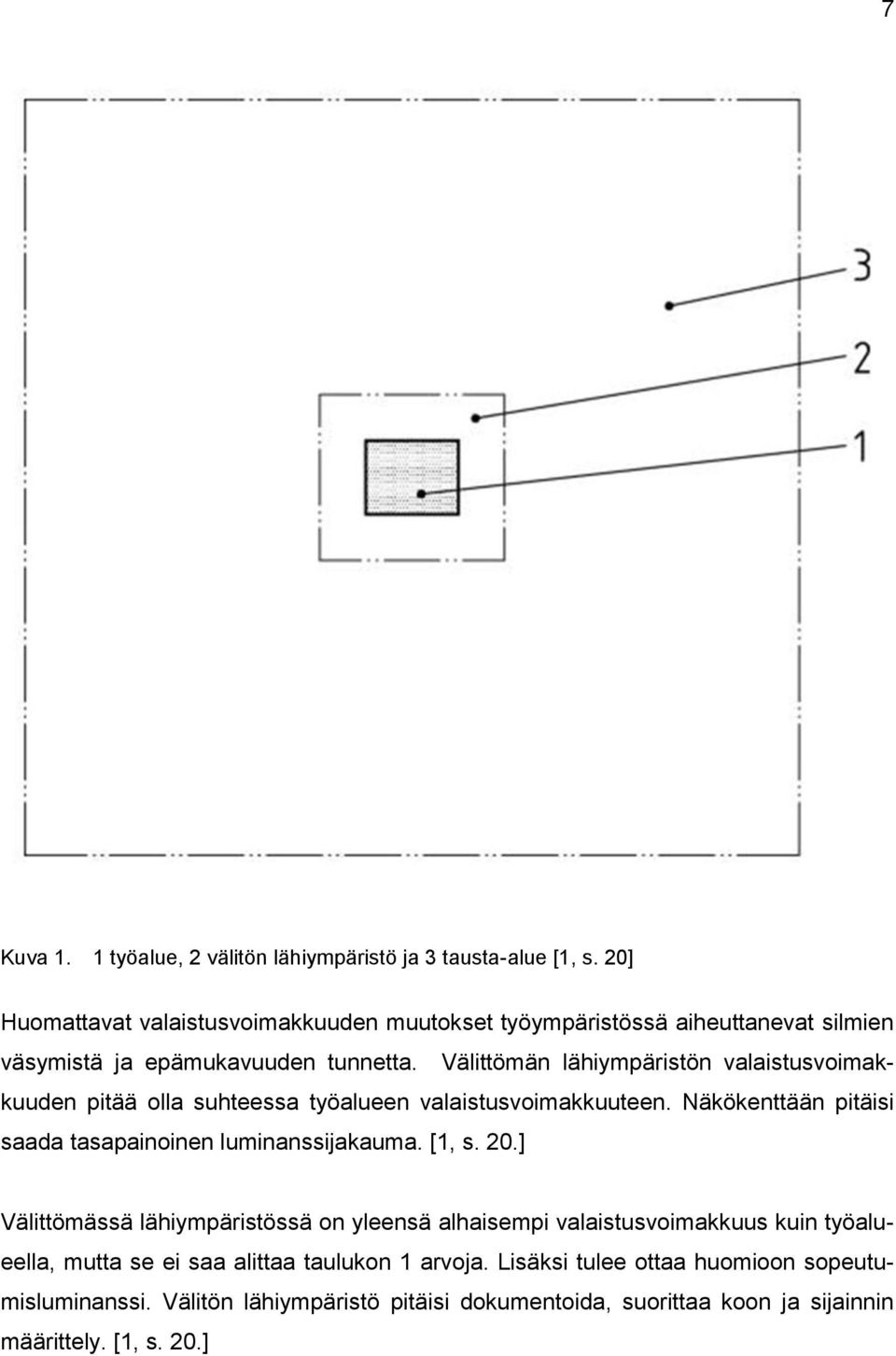 Välittömän lähiympäristön valaistusvoimakkuuden pitää olla suhteessa työalueen valaistusvoimakkuuteen. Näkökenttään pitäisi saada tasapainoinen luminanssijakauma.