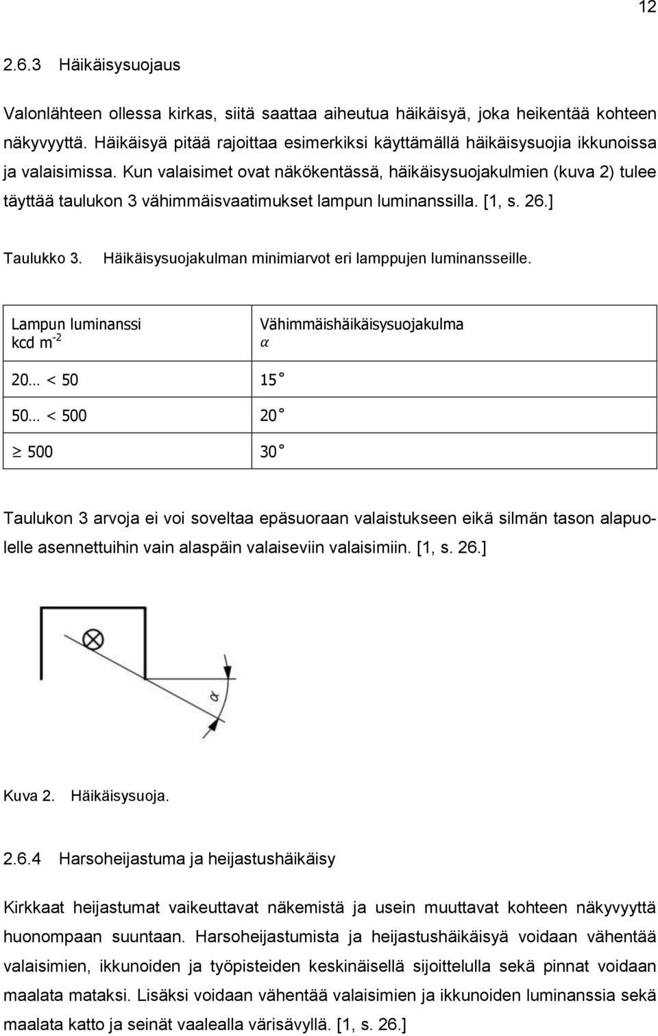 Kun valaisimet ovat näkökentässä, häikäisysuojakulmien (kuva 2) tulee täyttää taulukon 3 vähimmäisvaatimukset lampun luminanssilla. [1, s. 26.] Taulukko 3.