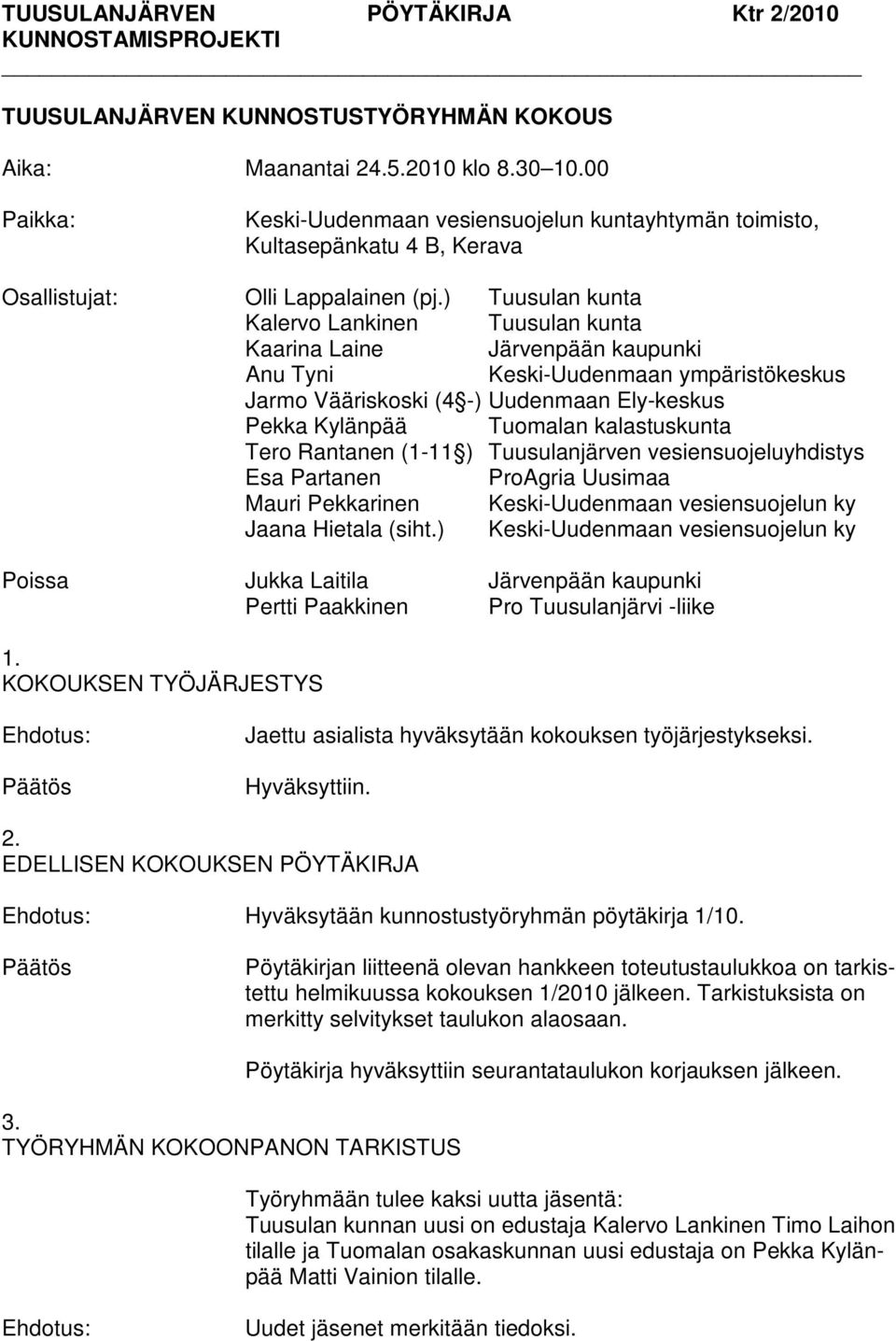 ) Tuusulan kunta Kalervo Lankinen Tuusulan kunta Kaarina Laine Järvenpään kaupunki Anu Tyni Keski-Uudenmaan ympäristökeskus Jarmo Vääriskoski (4 -) Uudenmaan Ely-keskus Pekka Kylänpää Tuomalan