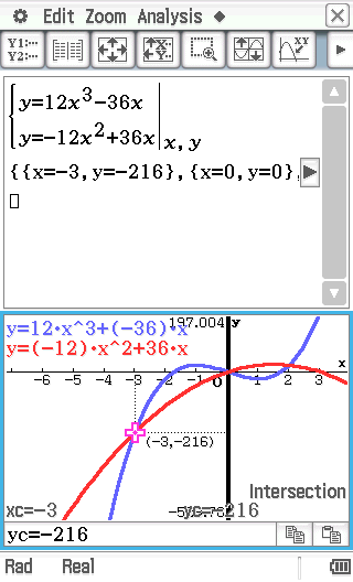 Ratkaisu: Käyrien leikkauspiste voidaan laskea yhtälöparin avulla ja tarkistaa graafisesti raahaamalla käyrien yhtälöt koordinaatiston päälle ja valitsemalla G-Solve -> Intersection.