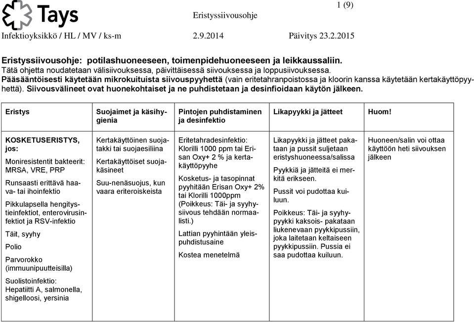 Siivousvälineet ovat huonekohtaiset ja ne puhdistetaan ja desinfioidaan käytön.