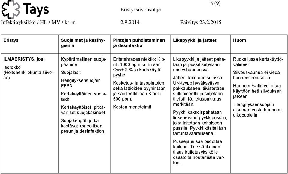 pyyhintään ja saniteettitilaan Klorilli 500 ppm.