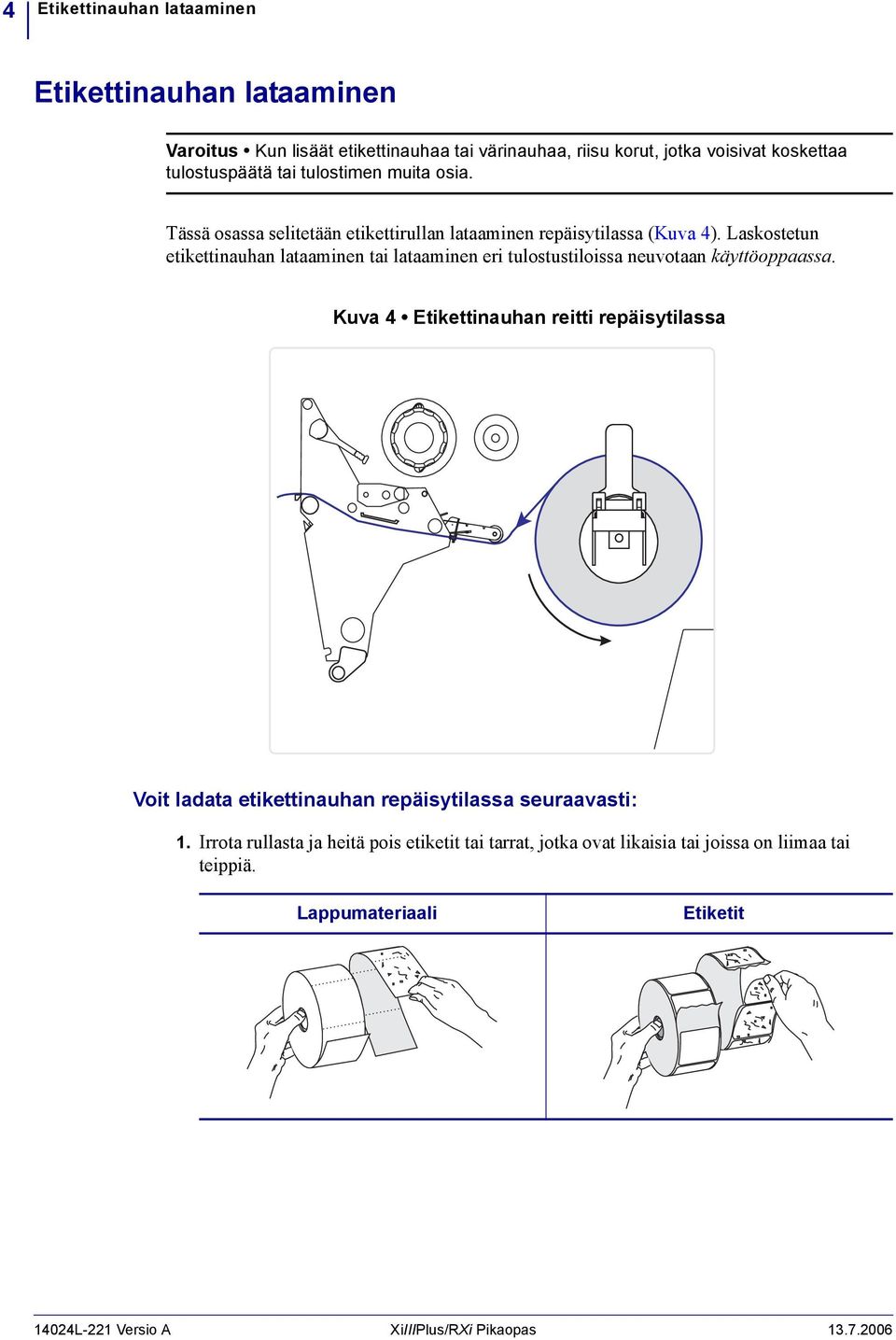 Laskostetun etikettinauhan lataaminen tai lataaminen eri tulostustiloissa neuvotaan käyttöoppaassa.