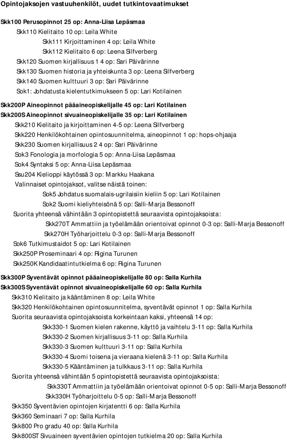 kielentutkimukseen 5 op: Lari Kotilainen Skk200P Aineopinnot pääaineopiskelijalle 45 op: Lari Kotilainen Skk200S Aineopinnot sivuaineopiskelijalle 35 op: Lari Kotilainen Skk210 Kielitaito ja